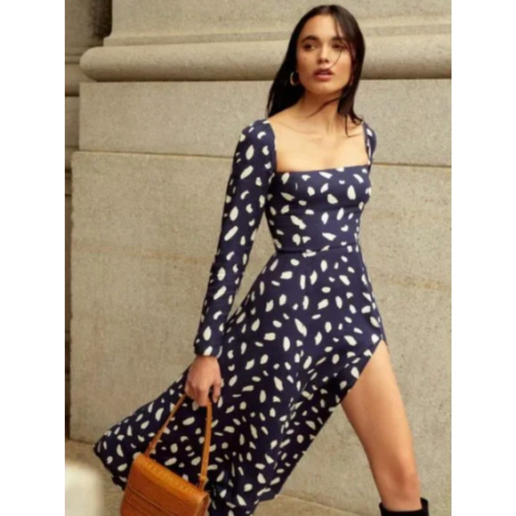 Reformation 0 Iconic Sigmund Dress $248 Long Sleeve Square Neck Midi Navy Blue - Picture 2 of 12